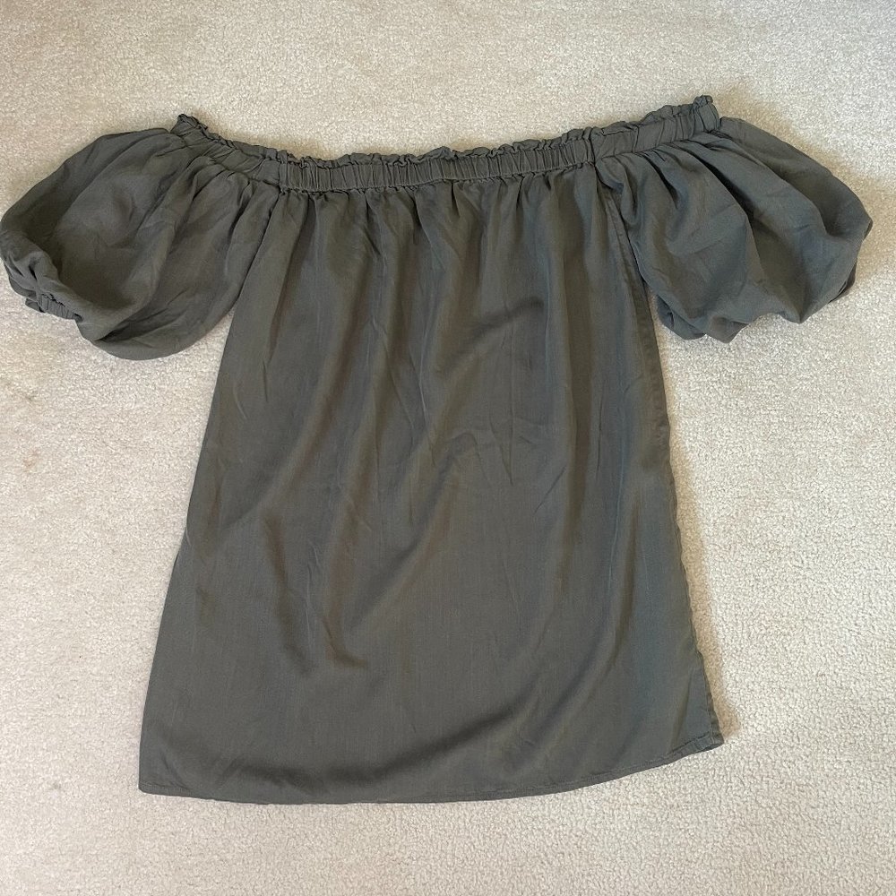 American Eagle Outfitters Army Green Off Shoulder Puff Sleeve Mini Dress Small